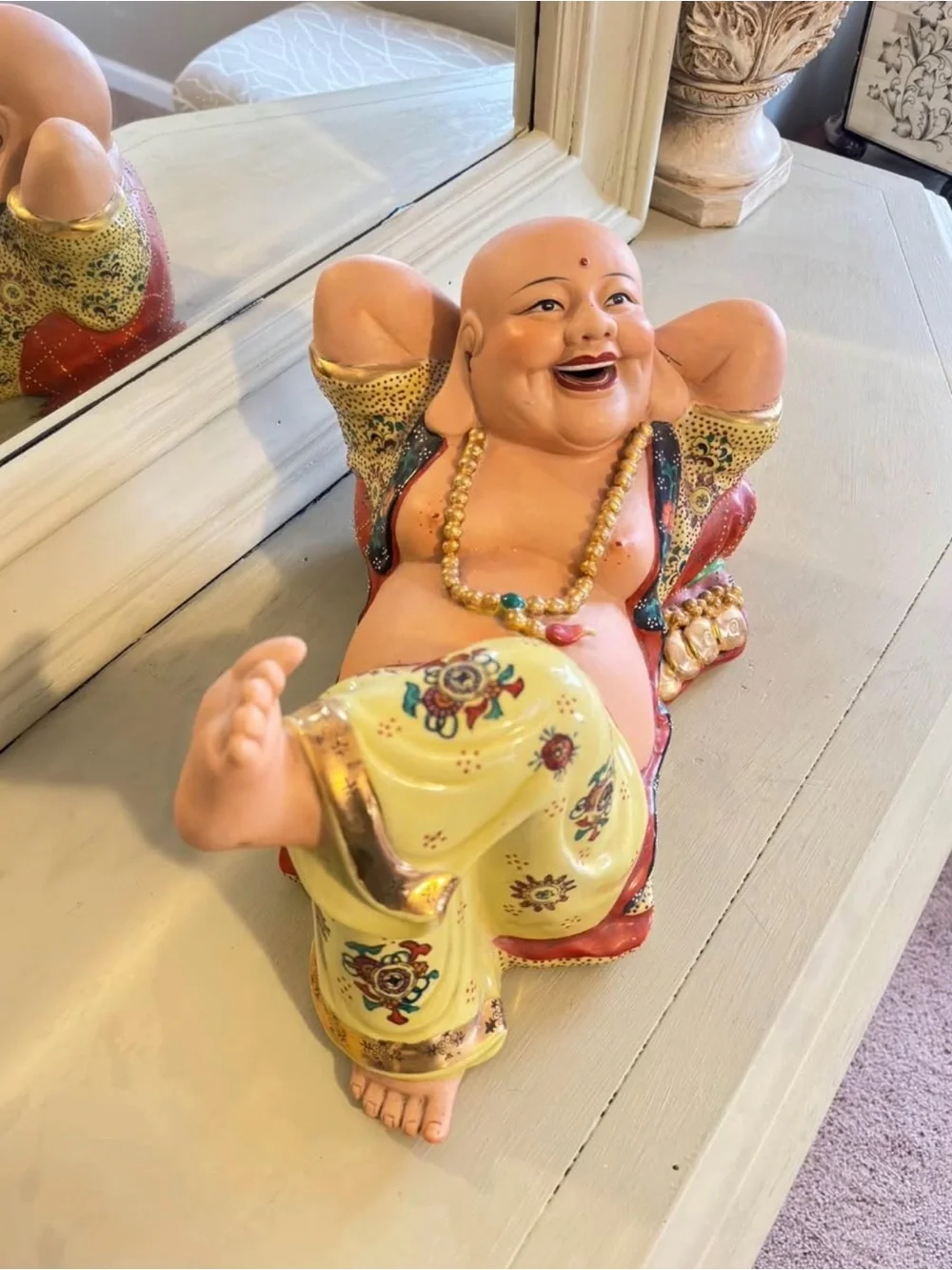 Vintage Cheerful Yellow Reclining Laughing Buddha Figurine - Home Accent Statue